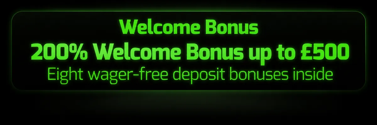 Dark centred Candyland Casino banner featuring a bright green welcome bonus headline, supporting offer text and rounded claim button